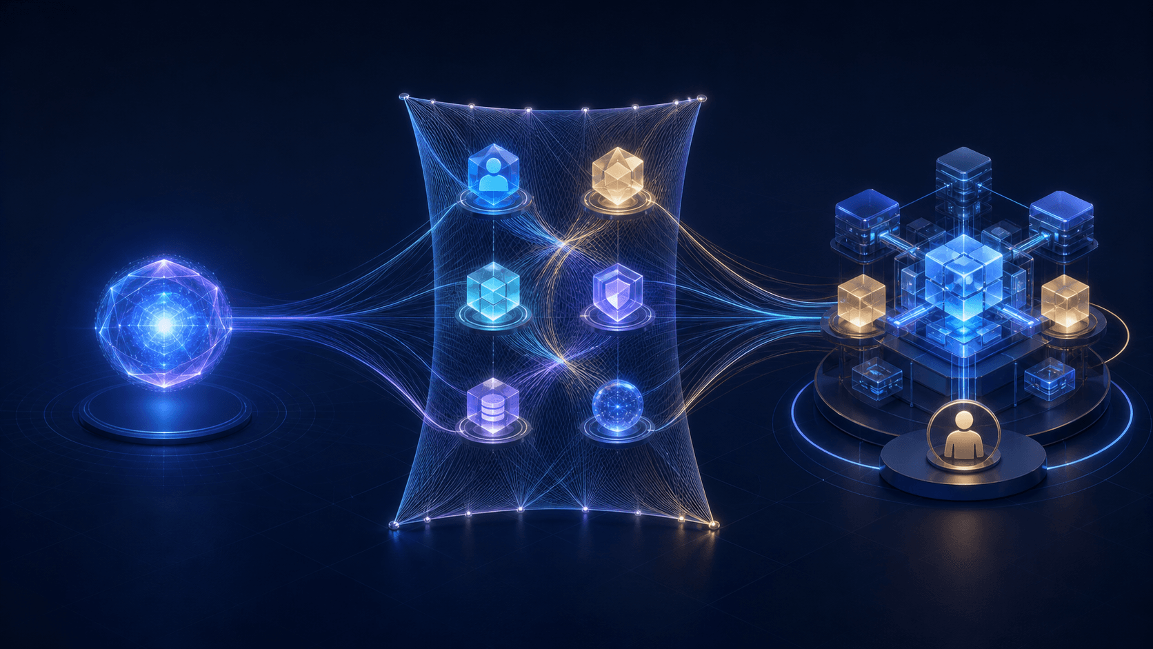An isolated AI model passes through a governed context fabric to become a connected enterprise intelligence system with human accountability