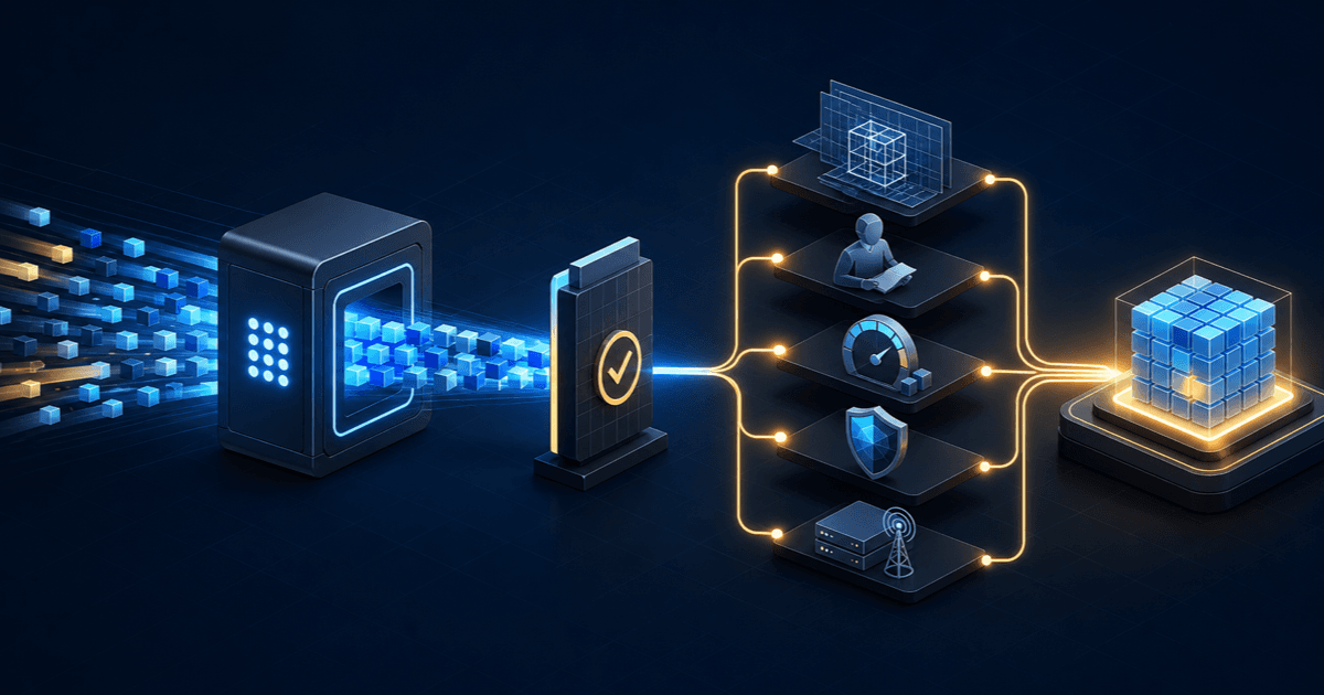 A fast stream of AI-generated software components passing through architecture, review, evaluation, security, and operations gates to become one coherent production system