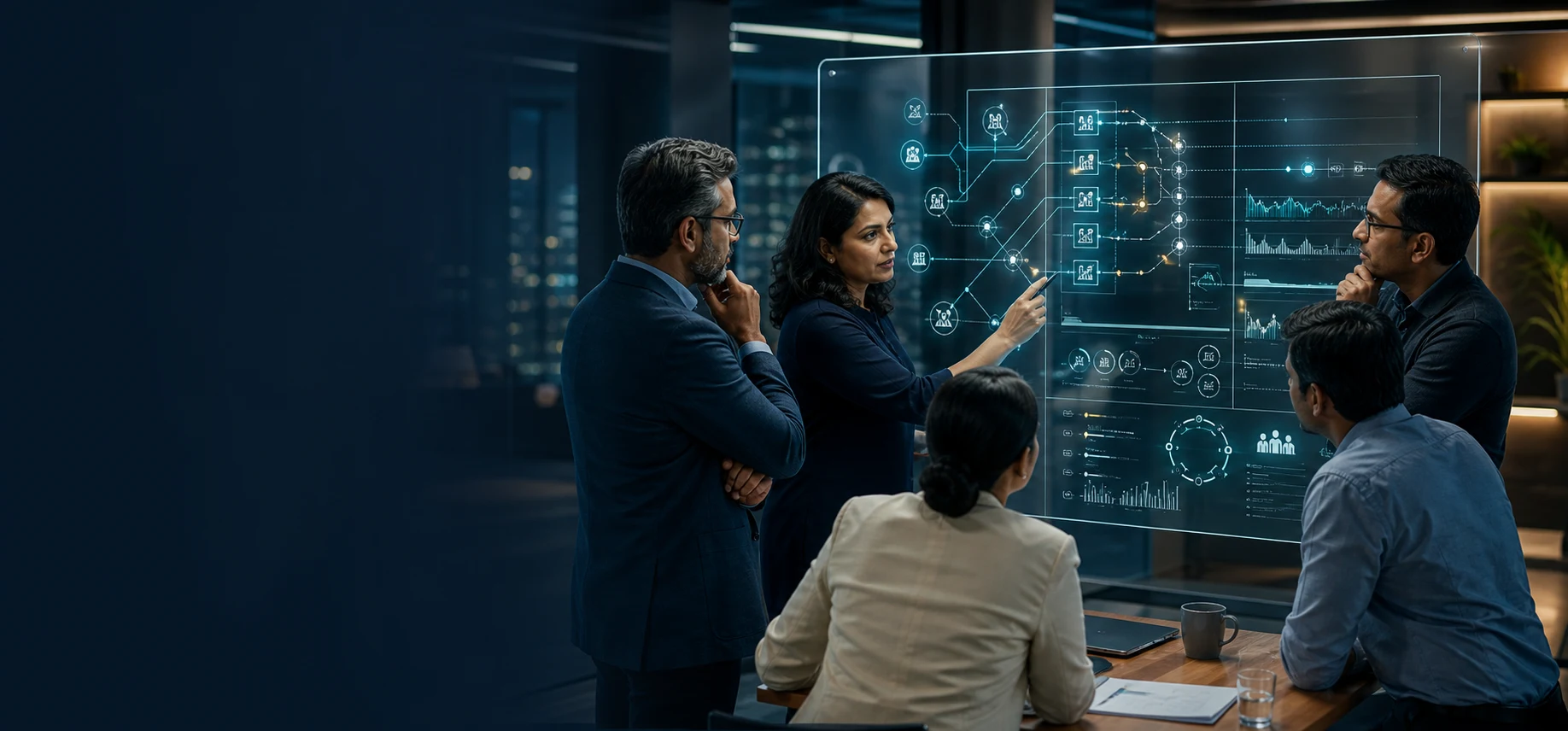 Enterprise architects, engineers, and governance leaders collaborating around an AI engineering system